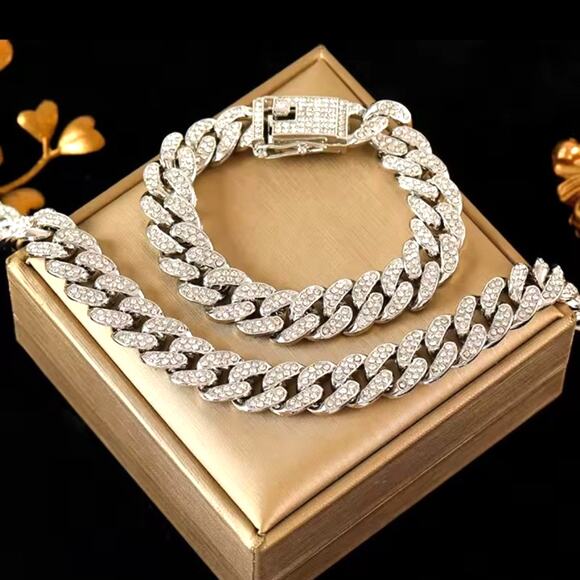 Iced Out Silver Plated Cuban Necklace & Bracelet Set THICK 12mm Birthday Gift